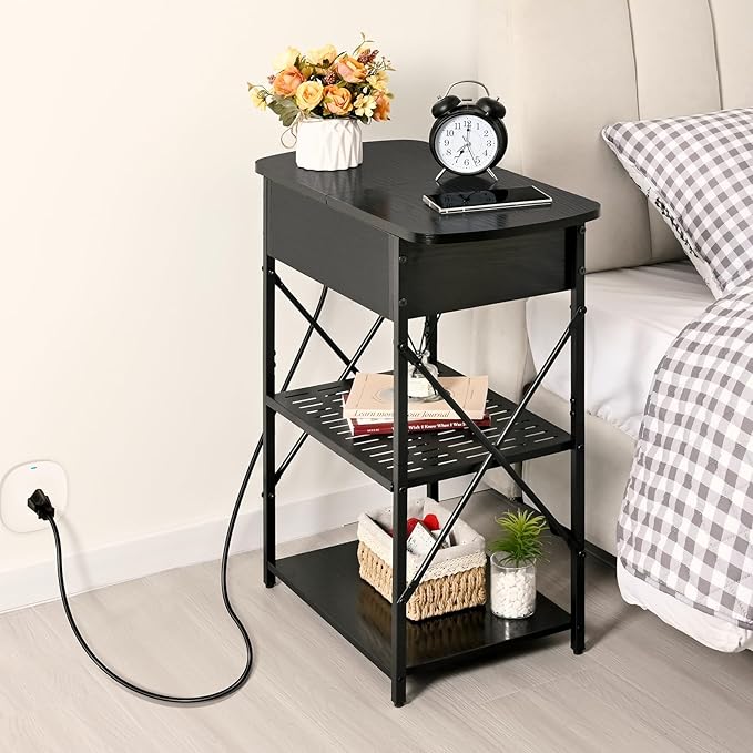 Narrow End Table with Charging Station, Side Table with 3 USB Ports and 2 AC Outlets, Flip Top End Table with Storage, Black Side Tables Living Room, Nightstand with Drawer for Bedroom