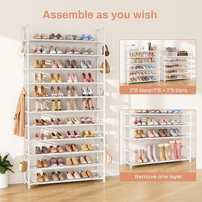 11 Tiers Tall Shoe Rack Holds 55 Pairs of Shoes with 18pcs Hooks Sturdy Wide Shoe Organizer Storage Free Standing Metal Shoe Shelf for Closet, Entryway White