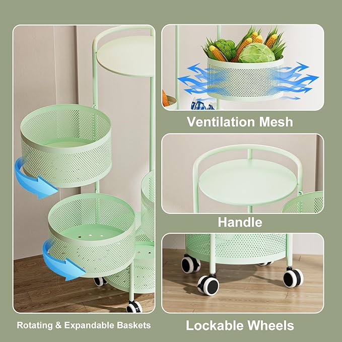 JAQ Rotating Fruit Basket, 5-Tier Metal Sturdy Kitchen Storage Rack Shelf Carts No Assembly on Rolling Wheels for Fruit Vegetable Grocery Corns Potato Onion (5-Tier, Green)