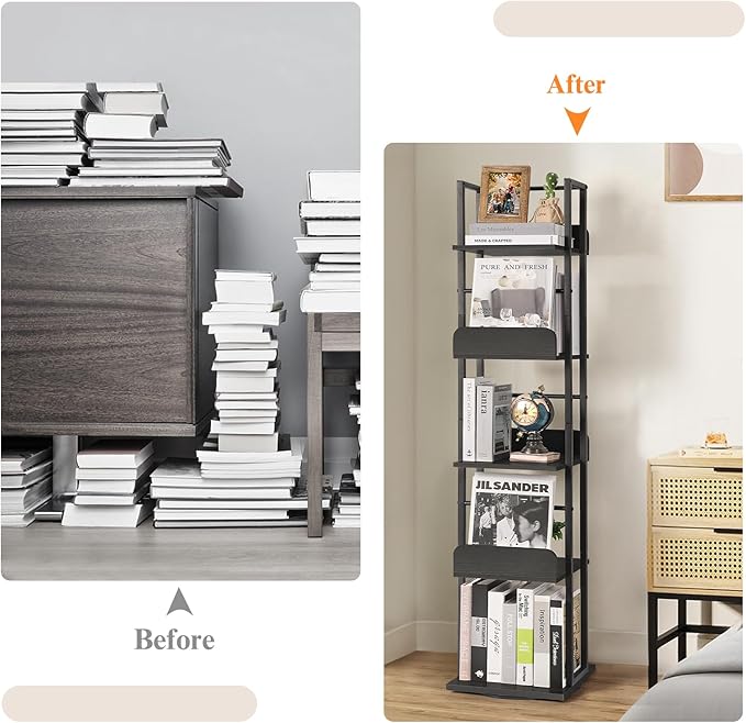 Bikoney Rotating Bookshelf, 5-Tier Bookshelves Tower for Corner, Small Narrow Bookcase, Tall Industrial Bookshelf, Wood and Metal Black