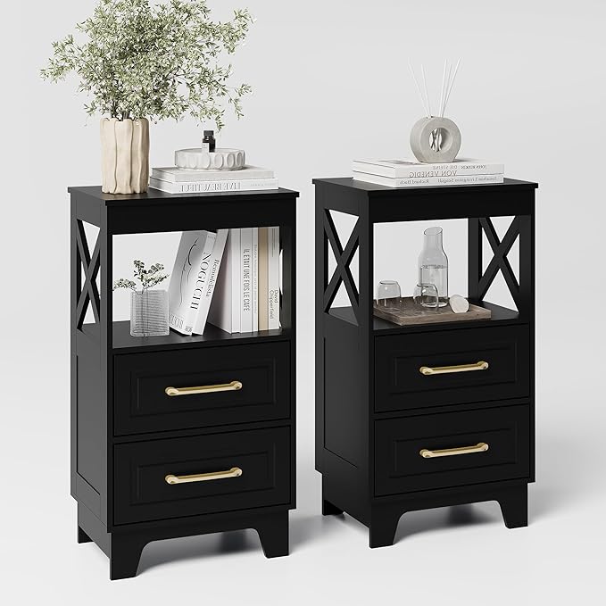 Tall Nightstand Set of 2 Side Table with 2 Drawers Modern Night Stand Wooden End Table Bedside Table with Upper Open Shelf Solid Feet for Bedroom, Living Room, Black