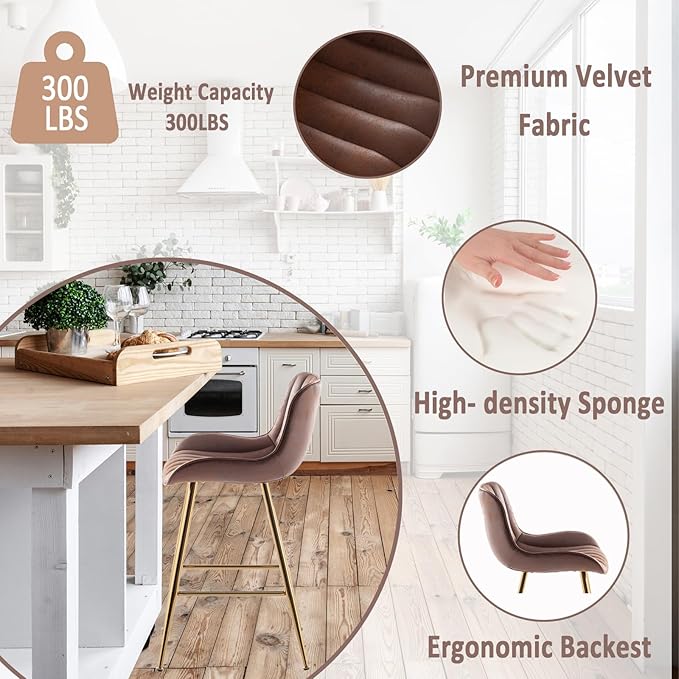 Sidanli Brown Velvet Bar Stools-Set of 2, 24 Inch Bar Stools for Kitchen Counter