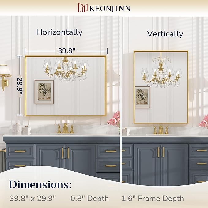 Keonjinn Gold Bathroom Mirror 40 x 30 Inch, Brushed Gold Mirror for Over Sink, Aluminum Alloy Framed, Square Corner, Modern Farmhouse, Large Rectangular Vanity Mirror for Wall(Horizontal/Vertical)