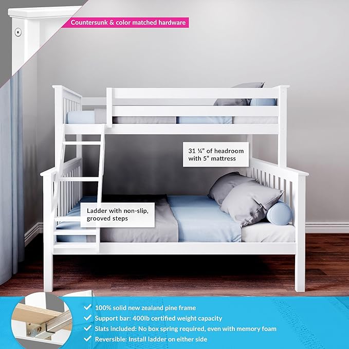 Max & Lily Bunk Bed Twin Over Full Size with Ladder, Solid Wood Platform Bed Frame with Ladder for Kids, 14" Safety Guardrails, Easy Assembly, No Box Spring Needed, White