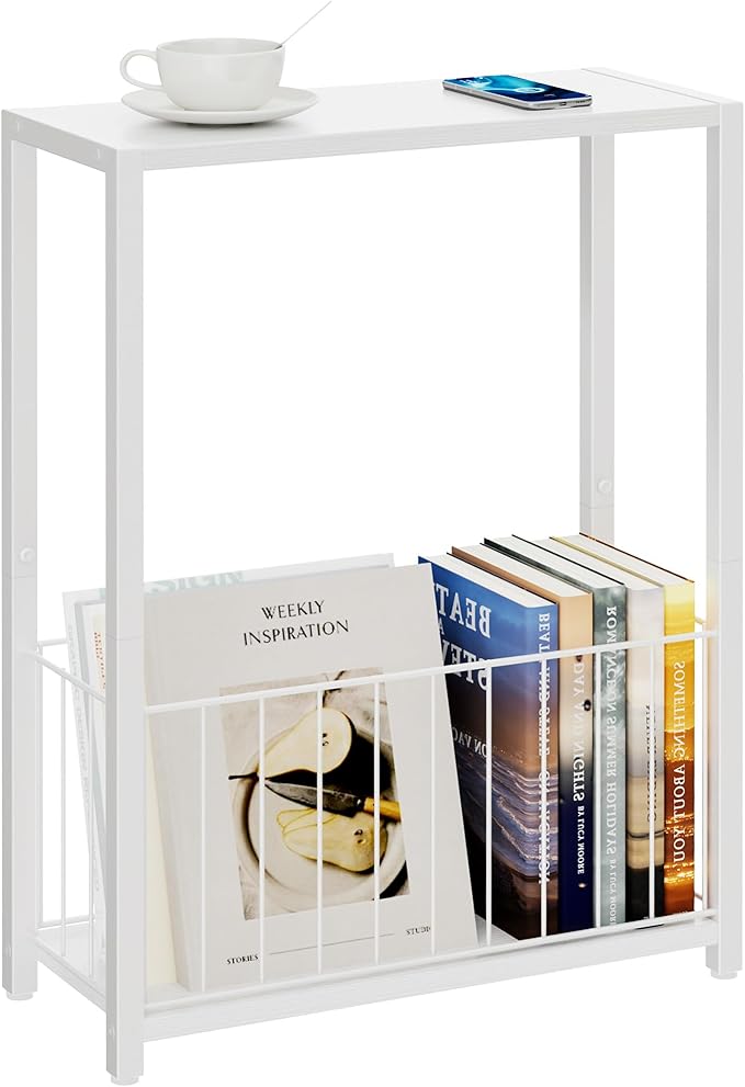 Narrow Side Tables Set of 2 with Magazine Holder, Skinny End Tables Perfect for Small Spaces, Space-Saving Design for Living Room, Bedroom, or Office, 7.1" D x 16.9" W x 23.6" H, White