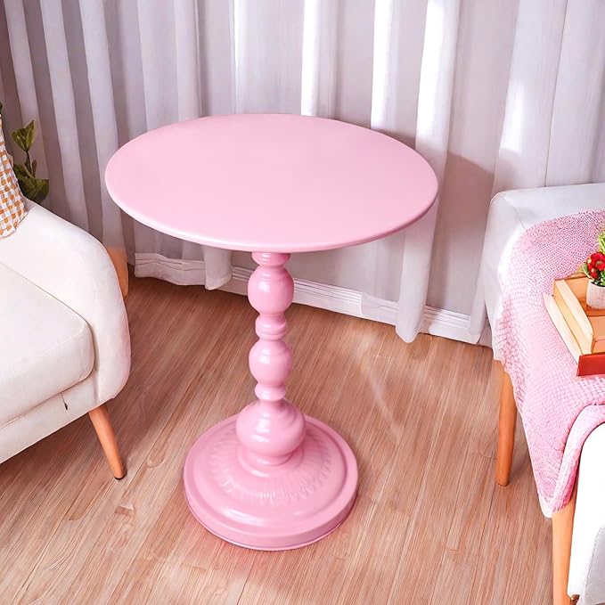 Benkyo Pink Round End Side Table Modern Metal Pedestal Spindle Side Tables for Living Room Bedroom，Pink