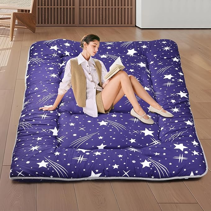 Japanese Floor Mattress,Roll Up Memory Foam Tatami Mat Easy to Store and Portable,Futon Mattress Suitable for Camping and Guest Room (Blue, Twin (80" x 36"))