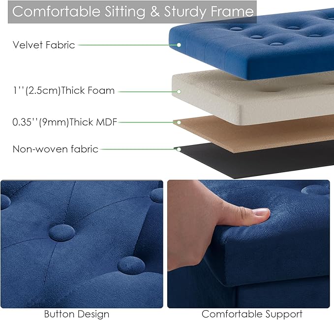 PRANDOM Jumbo Ottoman with Storage [1-Pack] Velvet Folding Small Square Foot Stool with Lid for Living Room Bedroom Coffee Table Dorm Royal Blue 43x15x15 inches