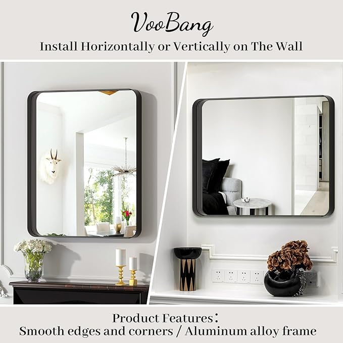 Bathroom Mirror 24x36 inch, Black Gorgeous Deep Frame Wall Mirror, Modern Round Corner Bathroom Vanity Mirror for Bedroom, Living Room, Hanging or Leaning Horizontal or Vertical, Black