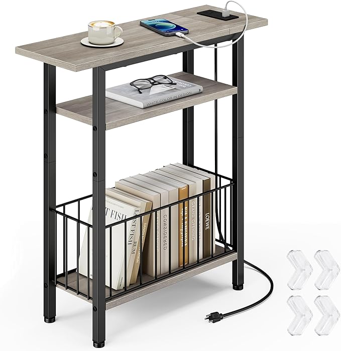 Vagusicc Narrow Side Table with Charging Station, Skinny Side End Table for Couch, 3-Tier Small End Tables for Small Spaces, 25.2" Tall Slim Nightstand Bedside Table for Living Room, Bedroom, Greige