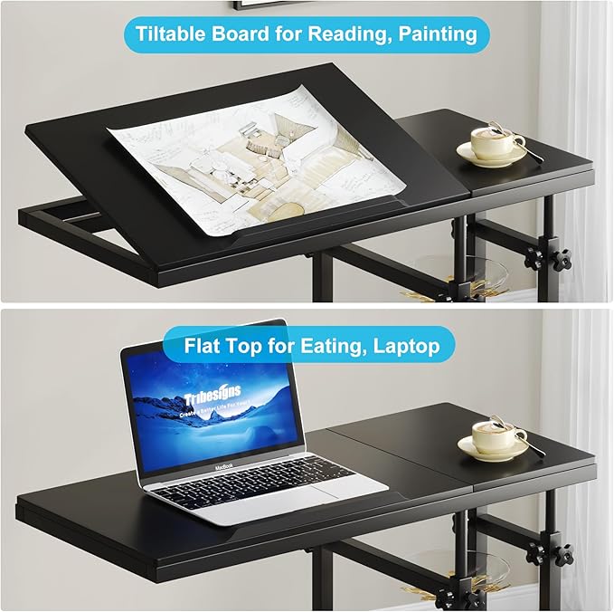 Tribesigns Height Adjustable C Table with Wheels, Mobile Couch Snack Side Table with Tiltable Drawing Board, Sofa Bedside Laptop Stand C Shaped TV Tray with Storage Shelves (Black)