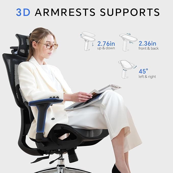 Ergonomic Office Chair with 3D Lumbar Support/Headrest/Armrest/, Mesh Executive Office Chair with Seat Depth & Height Adjustment, Big and Tall Desk Chair with 3-Gear Lock Recline for Long Hours