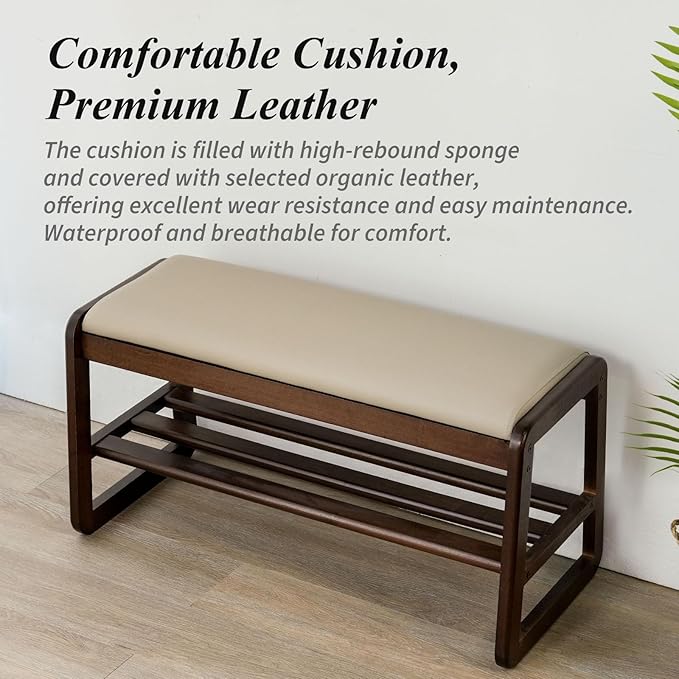 Shoe Bench, Entryway Bench with Leather Cushion, Solid Wood Shoe Rack, Mid Century Modern Bench, Shoe Storage, Shoe Organizer for Entryway (Grey, 31.5" W)