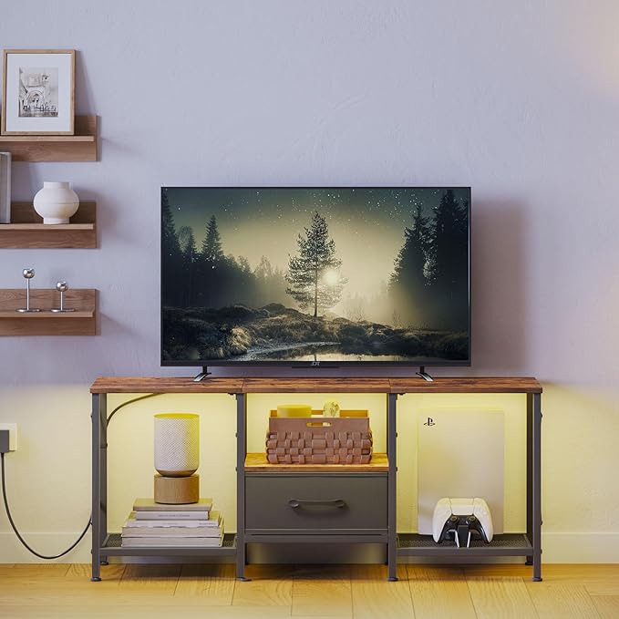 LED TV Stand with Fabric Drawer, Entertainment Center for 50 55 Inch TV, Industrial TV Console Table with Open Storage Shelves for Living Room, Bedroom, Rustic Brown