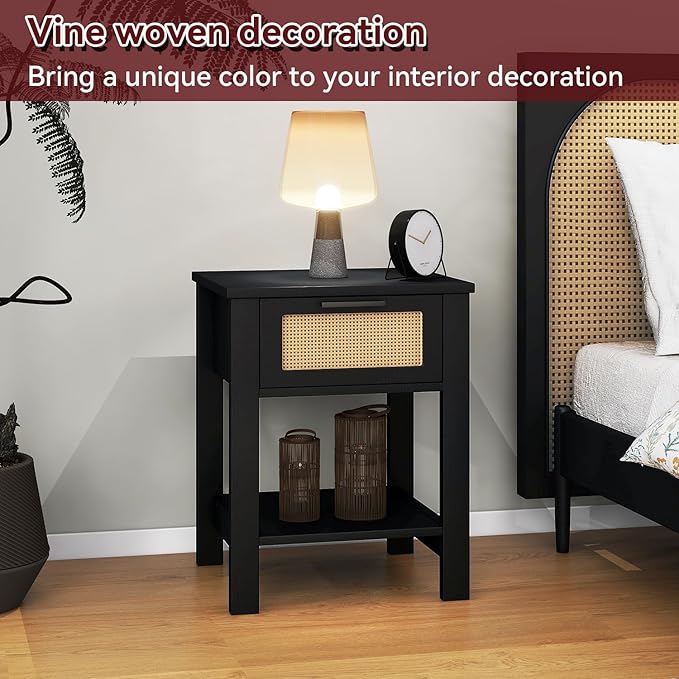 IBUYKE Rattan Nightstand Set of 2, Boho Night Stand with Drawer, Wood Bedside Tables with Storage Shelf, End Table with Legs for Bedroom, Black UWNS011B-2
