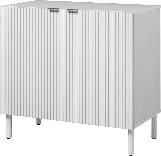 Sango Merk 2-Door Cabinet, Modern White Storage Cabinet with Vertical Groove Doors, Adjustable Shelf, Cylindrical Wood Legs, Discreet Metal Finger Pulls, Stylish Furniture for Living or Dining Room