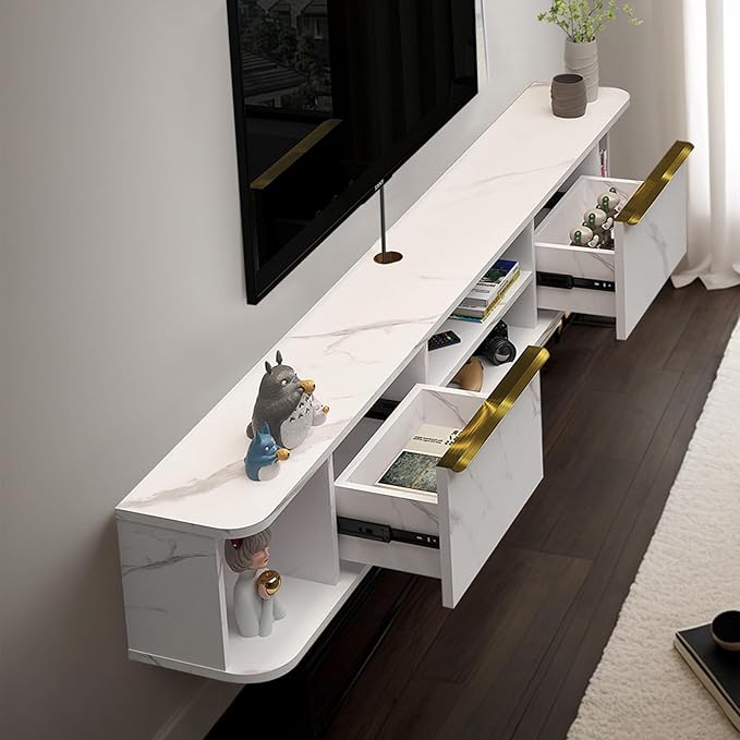 Pmnianhua Floating TV Stand with 2 Drawers,70'' Wall Mounted TV Shelf,Floating Shelf Under TV,Floating TV Console with Cabinets for Bedroom Living Room(White)