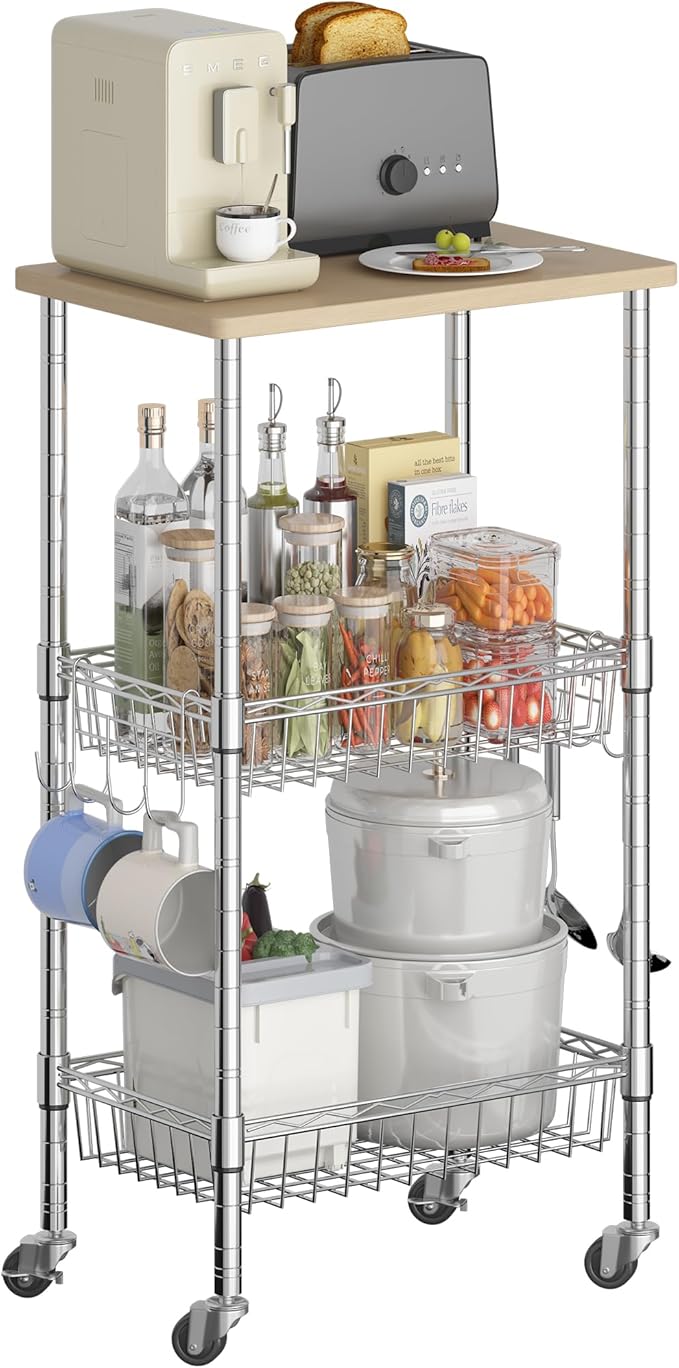 Rolling Kitchen Storage Cart, 3-Tier Storage Rack on Caster Wheels with Adjustable 2 Baskets, Coffee Station Cart Rack Shelf Organizer for Living Room Office, Balcony, Chrome/Silver