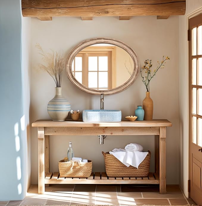 sawsile 24x30'' Rustic Oval Wood Mirror,Decorative Farmhouse Oval Mirrors,Vanity Nature Mirrors for Bedroom, Bathroom, Living Room,or Entryway