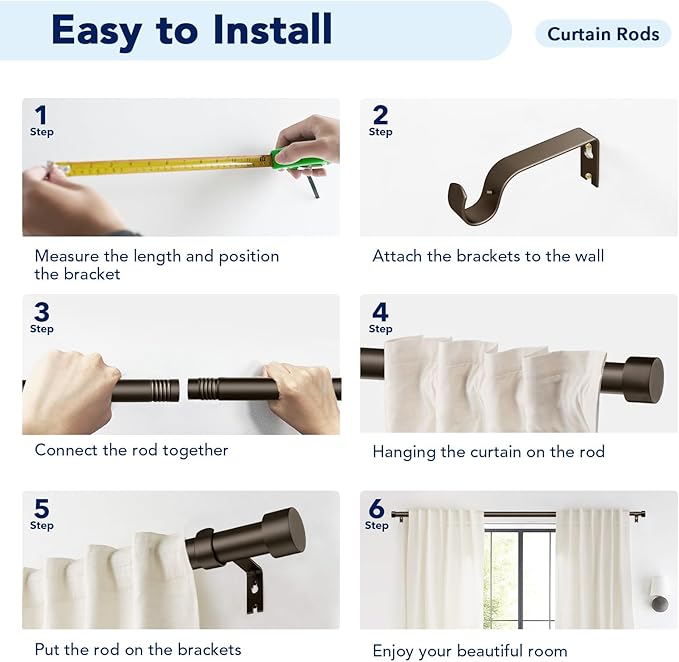 2 Pack Curtain Rods for Windows 72 to 144 Inch, 1 Inch Bronze Curtain Rods Set, Adjustable Heavy Duty Curtain Rod, Outdoor Curtain Rods for Patio Bedroom, Drapery Rods with End Cap, Size 32"- 150"