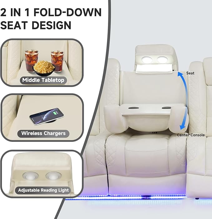 PU Leather Power Wall Hugger Chair Double Reclining Sectional Sofa 3-Seater Loveseat Couch with Reversible Coffee Table, Wireless Chargers, USB Port, Cup Holders, Storage Armrest, Ambient LED Light