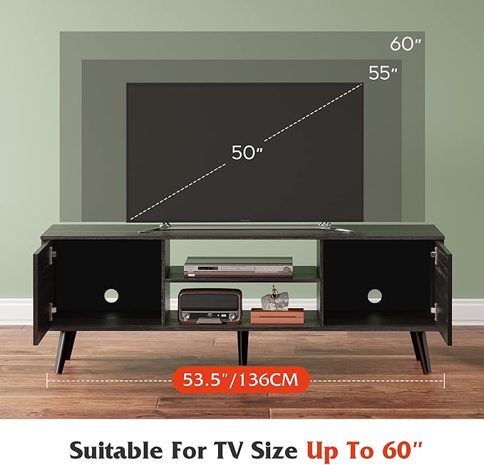 WLIVE TV Stand for 55 60 inch TV, Modern Entertainment Center with Storage Cabinets, Mid Century TV Console Table for Bedroom, TV Stand for Living Room, Charcoal Black