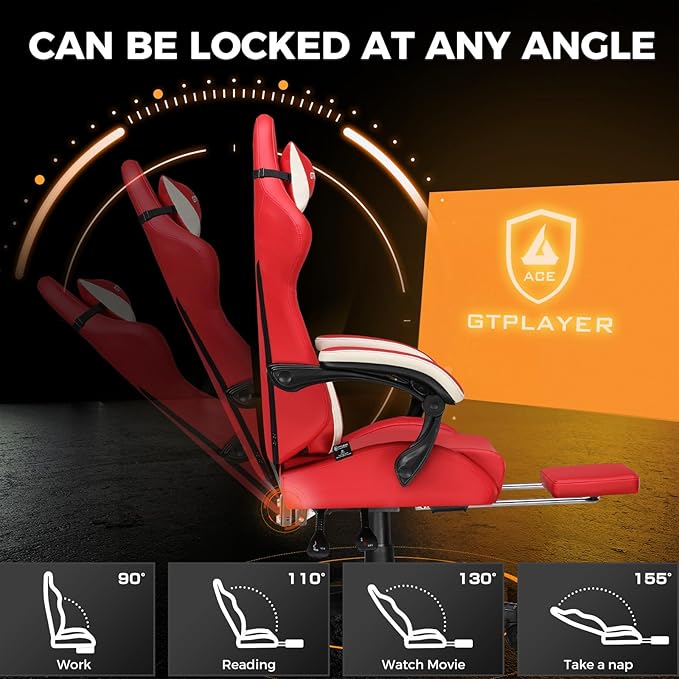 GTPLAYER Gaming Chair with Footrest, Big and Tall Game Chair High Back Computer Office Chair with Lumbar Support for Adults, Ergonomic Swivel Games Chair with Cushion Gaming Faux Leather Red
