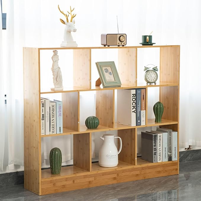 Maydear 47.24” Bamboo Bookshelf, 10 Cube Bookshelf with Base 3 Tier Open Shelf Bookcases, Freestanding Book Storage Organizer Display Shelf for Bedroom, Living Room, Home Office