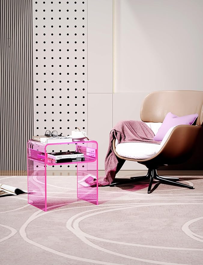 Clear Acrylic End Table 2-Tier Bedside nightstand for Living Room Bedroom Home Decor (Pink)