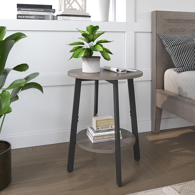 Side Table, Small Round End Table with Storage Shelf for Small Space, 2-Tier Bedside Table Sofa Couch Table, Round Accent Table Nighstands for Living Room, Bedroom, Grey