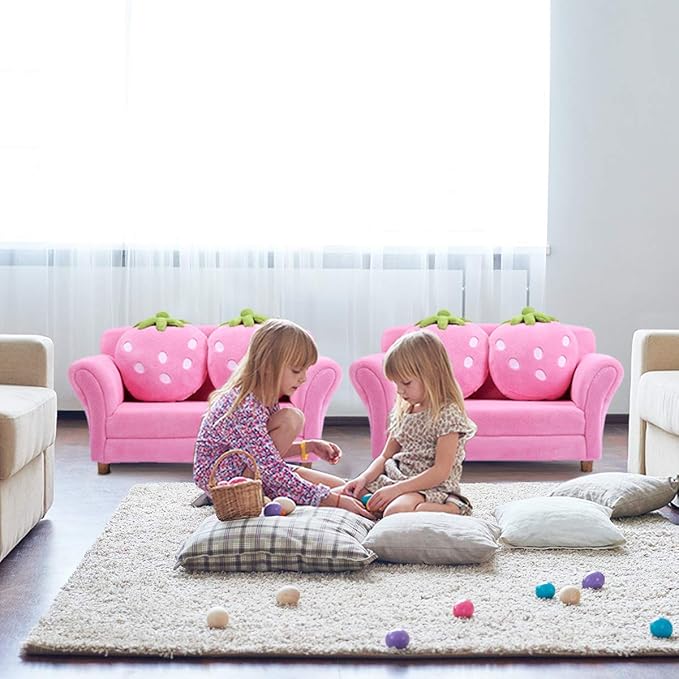 Costzon Kids Couch, Double Seat Pink Children's Sofa with 2 Strawberry Pillows, Toddler Armrest Chair for Bedroom, Living Room, Large Soft for Kids Loveseat Toy for Baby Girls Preschool Gifts Presents