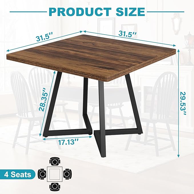 Square Dining Table for 2-4, 31.5" Small Dinner Table with Metal Frame Base Square Kitchen Tables for Dining Room, Kitchen, Living Room, Brown & Black