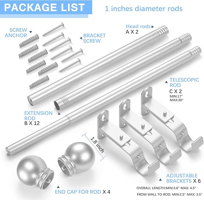 Curtain Rods for Windows 16 to 120 Inches, Curtain Rod Max Adjustable Length of 132 IN, 1" Diameter Drapery Rods Round Finials, Satin Silver, Pack of 2