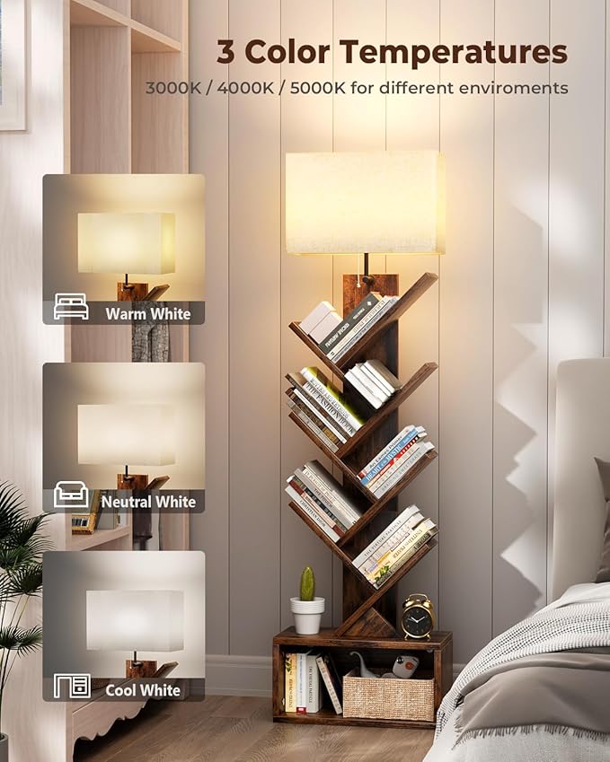 6 Tier Tree Bookshelf with Smart Light, Small Bookcase Tower with Remote Control, Tall Floor Standing Book Organizer for Living Room, Bedroom & Home Office, Rustic Brown
