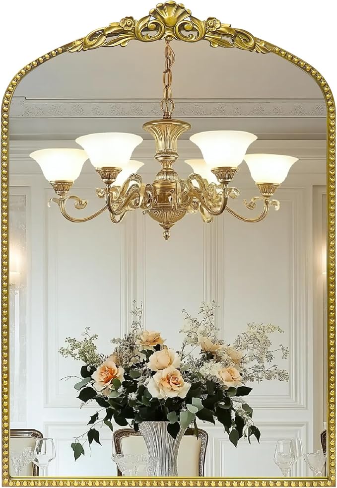 G-LEAF Vintage Baroque Mirror 24"X36", Arched Mantel Victorian Antique Farmhouse Mirror with Black Brush Gold Ornate Metal Frame for Fireplace Entryway Living Room Hallway Bathroom