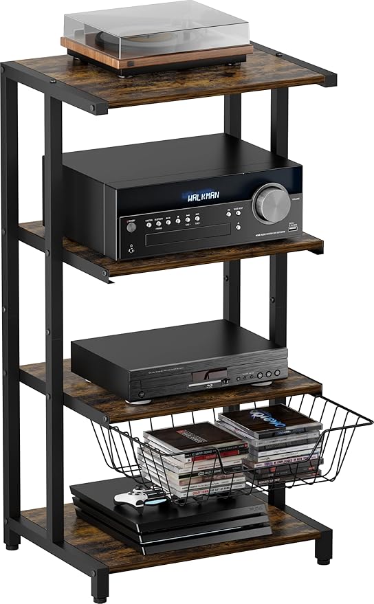 Media Stand with Detachable Baskets, 4-Tier AV Media Stand Corner Shelf for DVD Players/Cable Boxes/Games Consoles, Audio Storage Rack for Living Room, Gaming Room, Music Studio, Black
