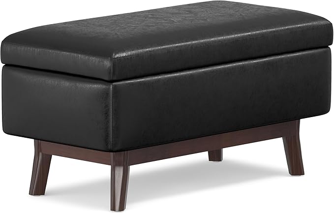 SIMPLIHOME Owen 36 inch Wide Mid Century Modern Small Rectangular Storage Ottoman in Distressed Black Vegan Faux Leather, Assembled, For the Living Room, Entryway and Family Room