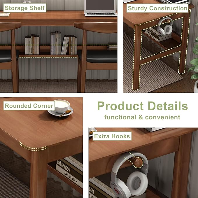 Solid Wood Long Desk 63 inch Home Office Work Desk, 2-Person Simple Writing Desk Table Computer Workstation with Storage Shelf for Living Room, Study Room, Bedroom, Walnut