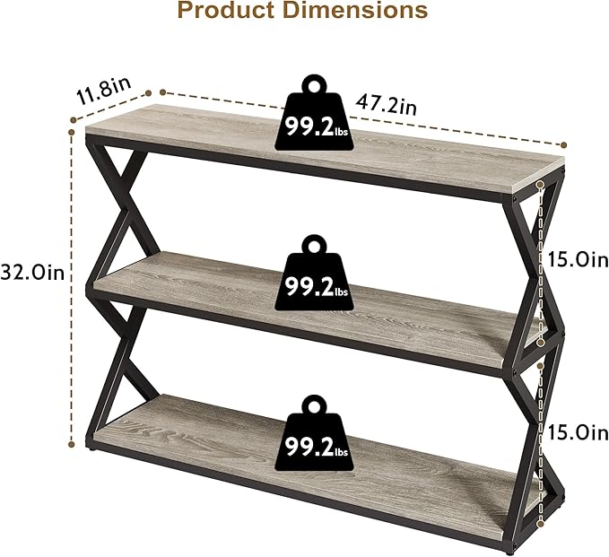 Industrial 3-Tier Console Table, Rustic Long Entryway Sofa Table with Storage Shelves, Light Gray TV Stand for Living Room & Hallway, Modern Farmhouse Decor (47.2 inch)