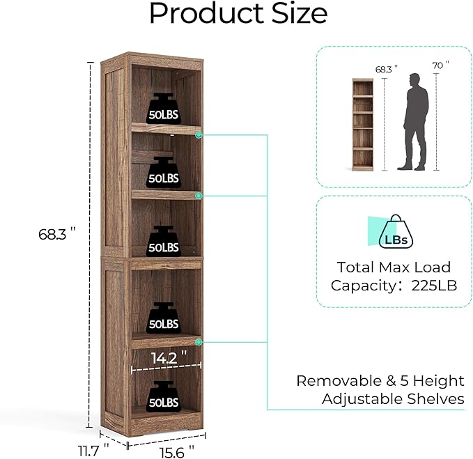 LINSY HOME 5-Shelf Bookcase, Narrow Bookshelves Floor Standing Display Storage Shelves 68 in Tall Bookcase Home Decor Furniture for Home Office, Living Room, Bed Room - Dark Brown