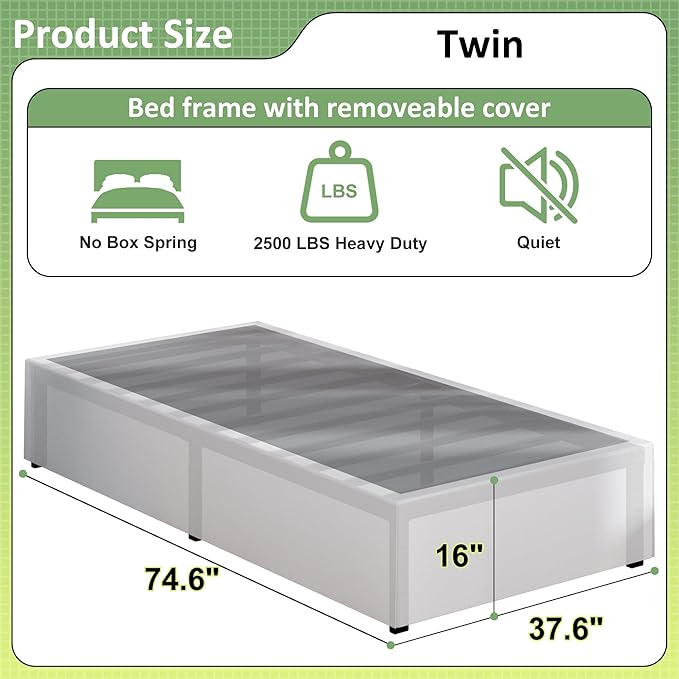 16 Inch Twin Bed Frames with White Skirt Cover, Metal Twin Size Bed Frame with Storage, Heavy Duty, No Box Spring Needed, Easy Assembly, Noise Free, Mattress Foundation
