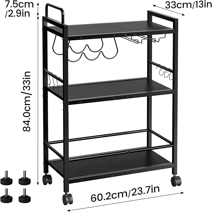 Home Bar Serving Cart, Serving Cart with Wheels and Handle, 3 Tier Rolling Kitchen Cart, Microwave Cart, Beverage Cart with Wine Holder and Glass Holders, for Dinning Room, Living Room, Black