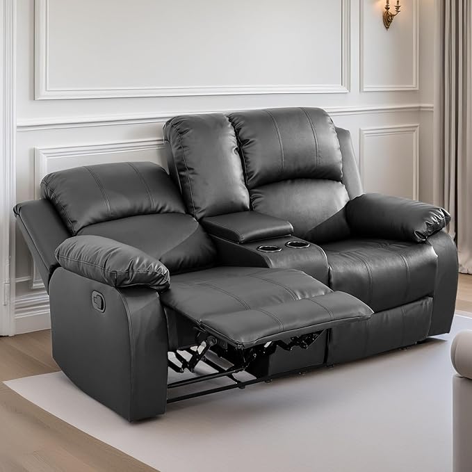 Loveseat Recliner Sofa, Reclining Loveseat Leather Couch with Storage Console, Modern Comfy Home Theater Seating Power Recliner Chair with Cup Holders for Living Room Furniture Sets, Black