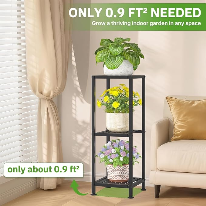 KMOTASUO 3 Tiered Black Tall Plant Stand for Indoor Outdoor, Heavy Duty Metal Multiple Large Planter Rack for Narrow Corner, Sturdy Iron Vertical Flower Holder for Modern House, Patio, Bathroom, Porch