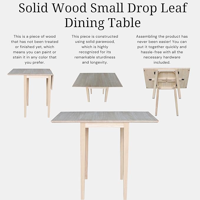 Solid Wood Small Drop Leaf Dining Table in Sturdy Parawood, Dual Drop Leaf Table with 9" Drop Leaf on Each Side, 36"W x 22"D x 29"H, Floor to Apron 26.5 Inches, Easy Assembly, Unfinished