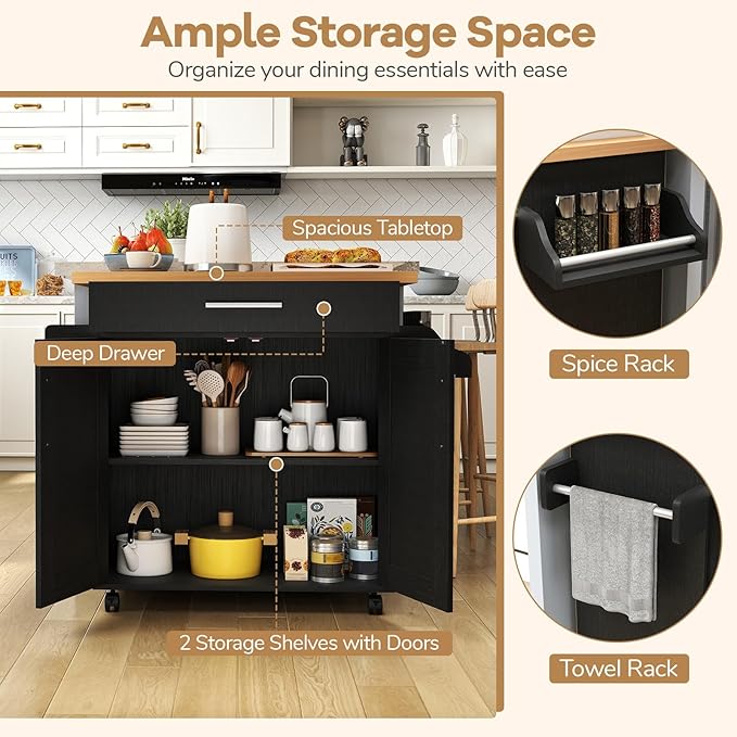 COSTWAY Kitchen Island On Wheels, Rolling Storage Trolley Cart with Large Cabinet, Drawer, Spice Rack and Towel Rack, Kitchen Serving Utility, 3-Position Adjustable Shelf (Black)