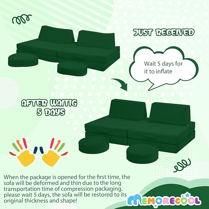 MeMoreCool Kids Couch for Playroom, Corduroy Convertible Toddler Couch, 8 Piece Modular Play Sofa, Foam Fort Building Set for Child Room Furniture, Green