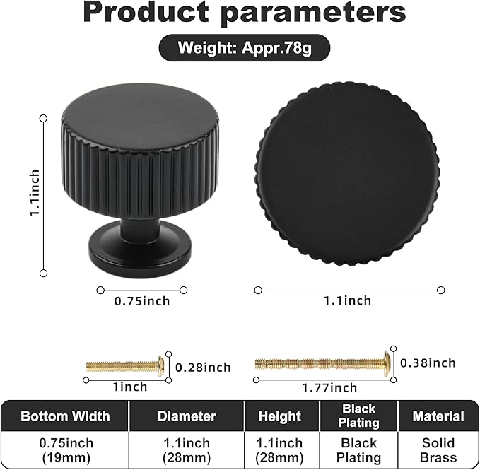 Matt Black Kitchen Cabinet Knob, 2 Pack Solid Brass Dresser Drawer Pulls, 1-1/10 Black Cabinet Knob for Cabinet Cupboard Wardrobe, Bifold Door Hardware Handles