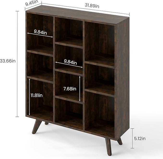 Manora Rustic Brown 10 Cube Mid Century Modern Bookshelf, Wooden Storage Organizer with Open Shelves, Retro Bookcase for Living Room, Bedroom, Home Office
