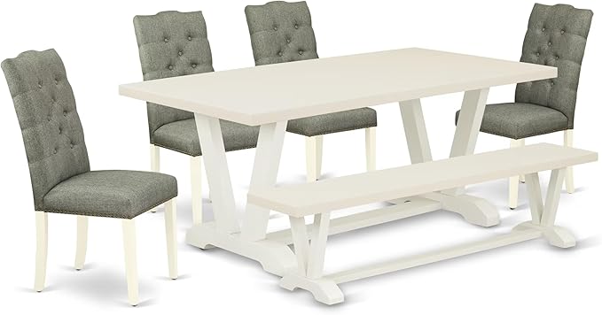 East West Furniture V027EL207-6 6 Piece Modern Dining Table Set Contains a Rectangle Wooden Table with V-Legs and 4 Gray Linen Fabric Parson Chairs with a Bench, 40x72 Inch, Multi-Color